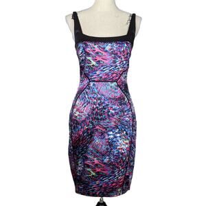 Kay Godfrey Watercolor Satin Sheath Dress Black Pink Purple Size 4